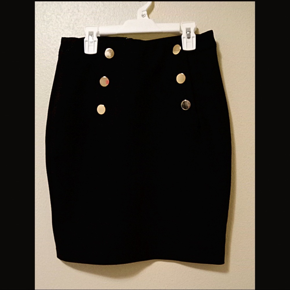 H&M Mid Length Pencil Skirt with Gold Button Details, Black